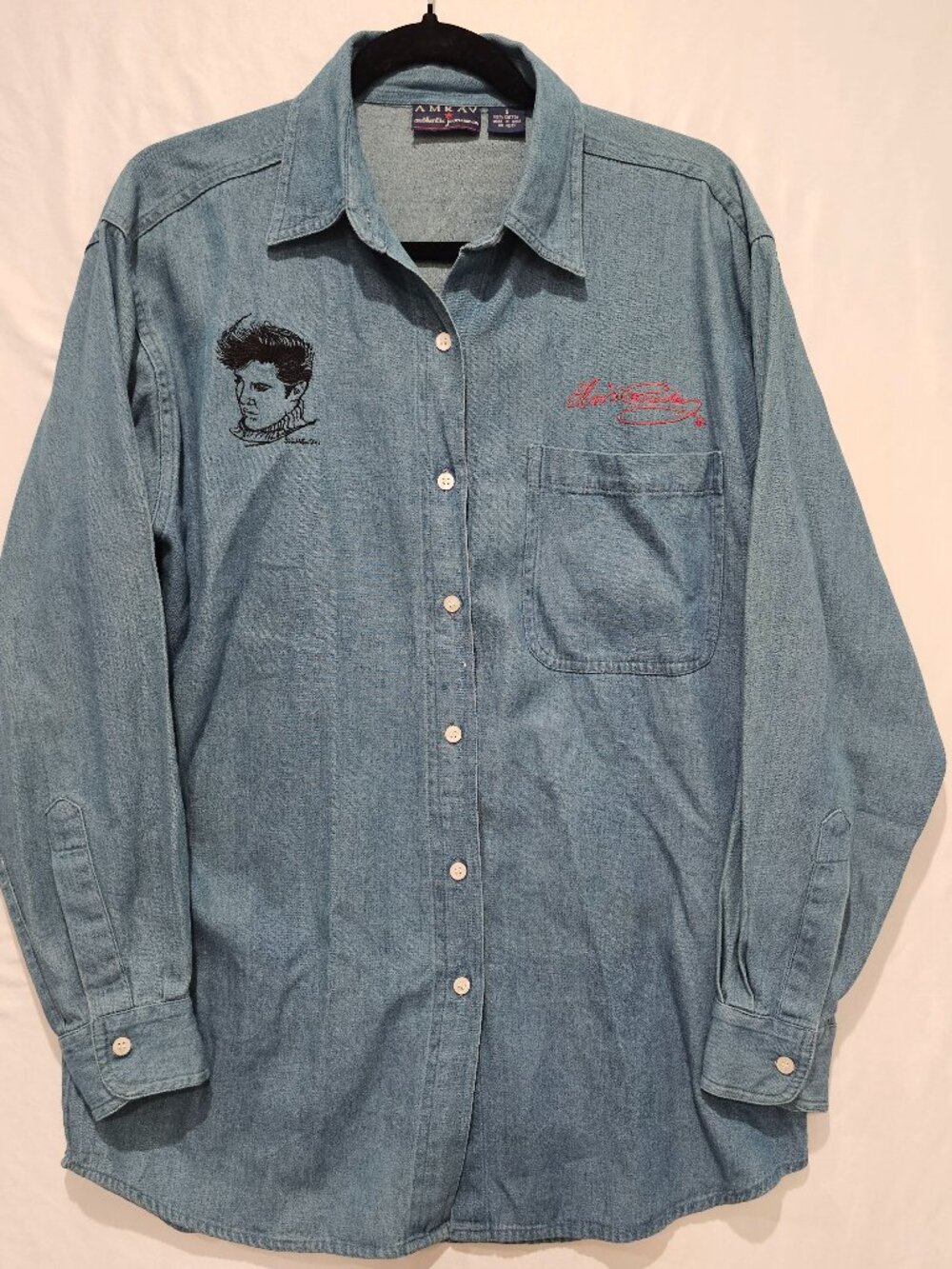 Vintage 90s AMRAV Elvis Presley Embroidered Denim Shirt S Love Me Tender